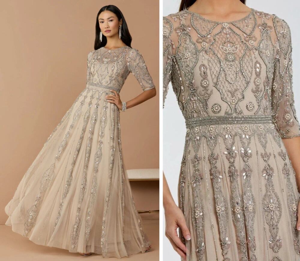 Mac Duggal 10115 3/4 Sleeve Embellished Pearl A-line Gown Beige Size 8 NWT $1798